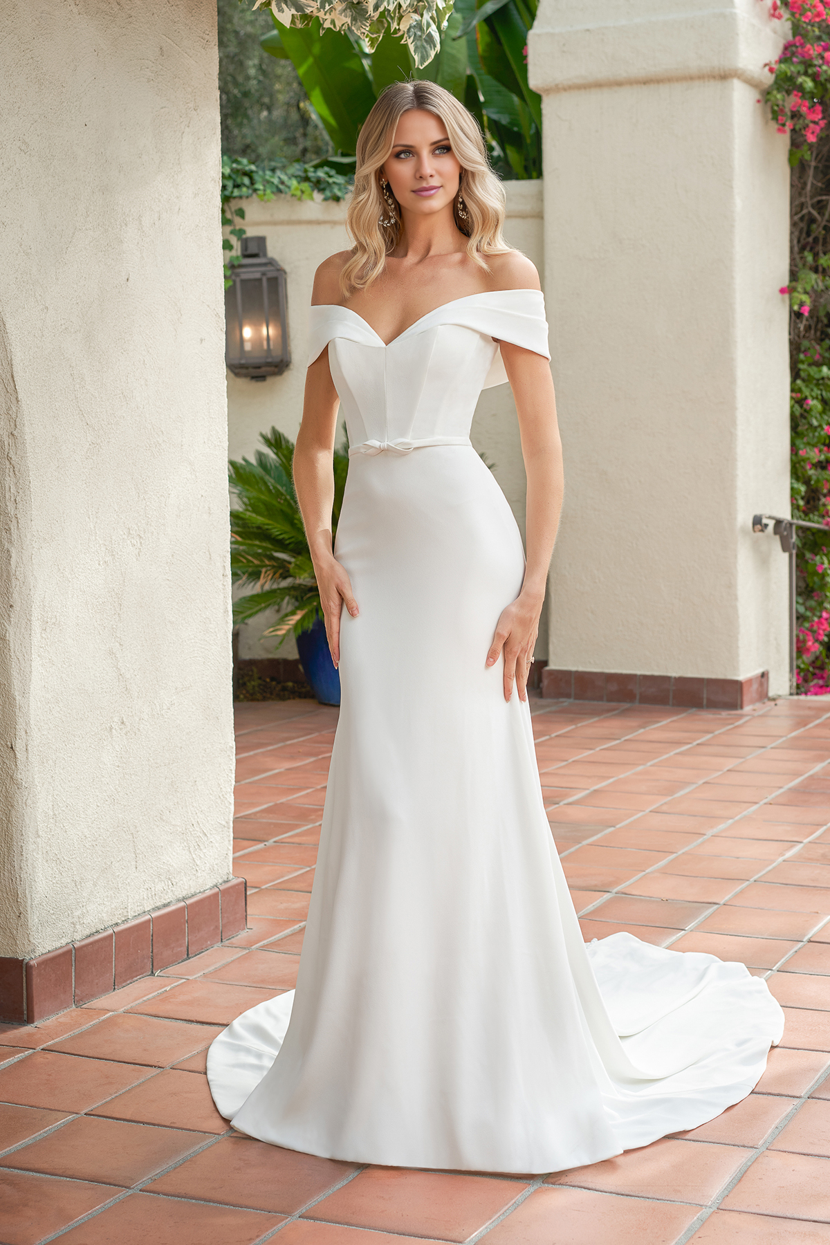 Off shoulder collar sleeveless back button backless and floor length wedding dress